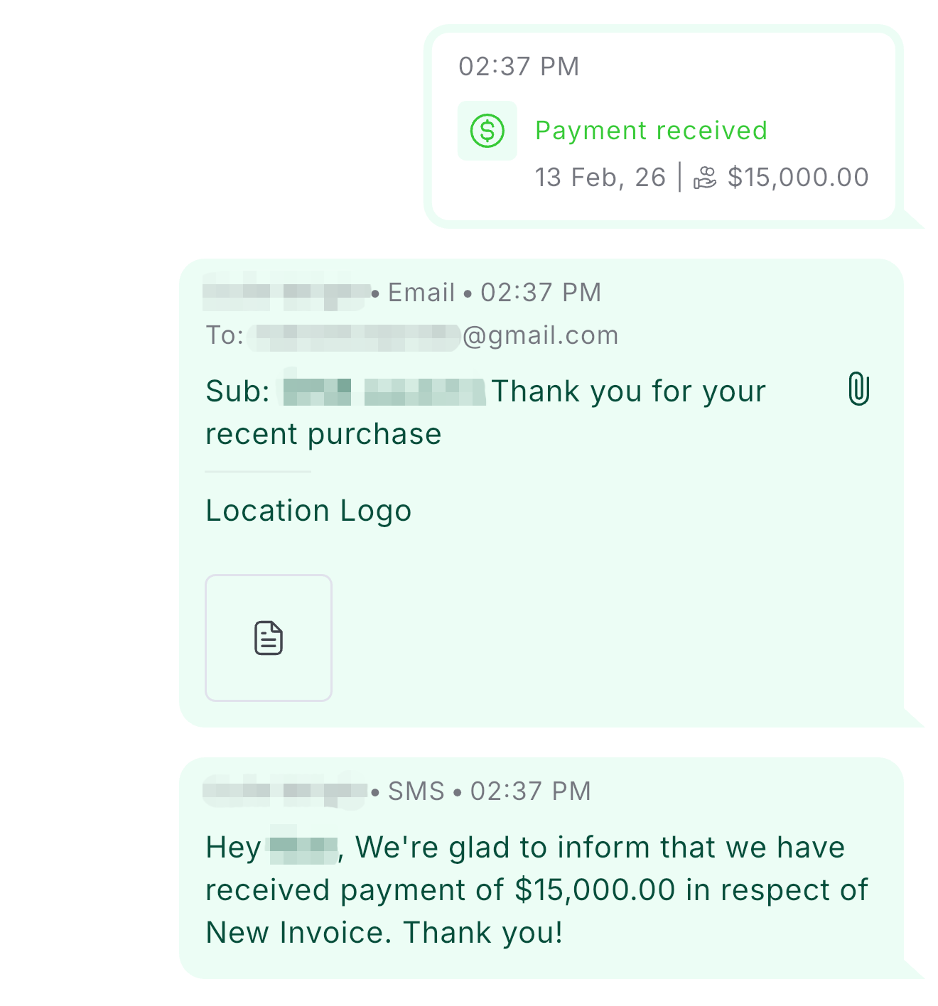 Payment received notification for $15,000 with confirmation email and SMS