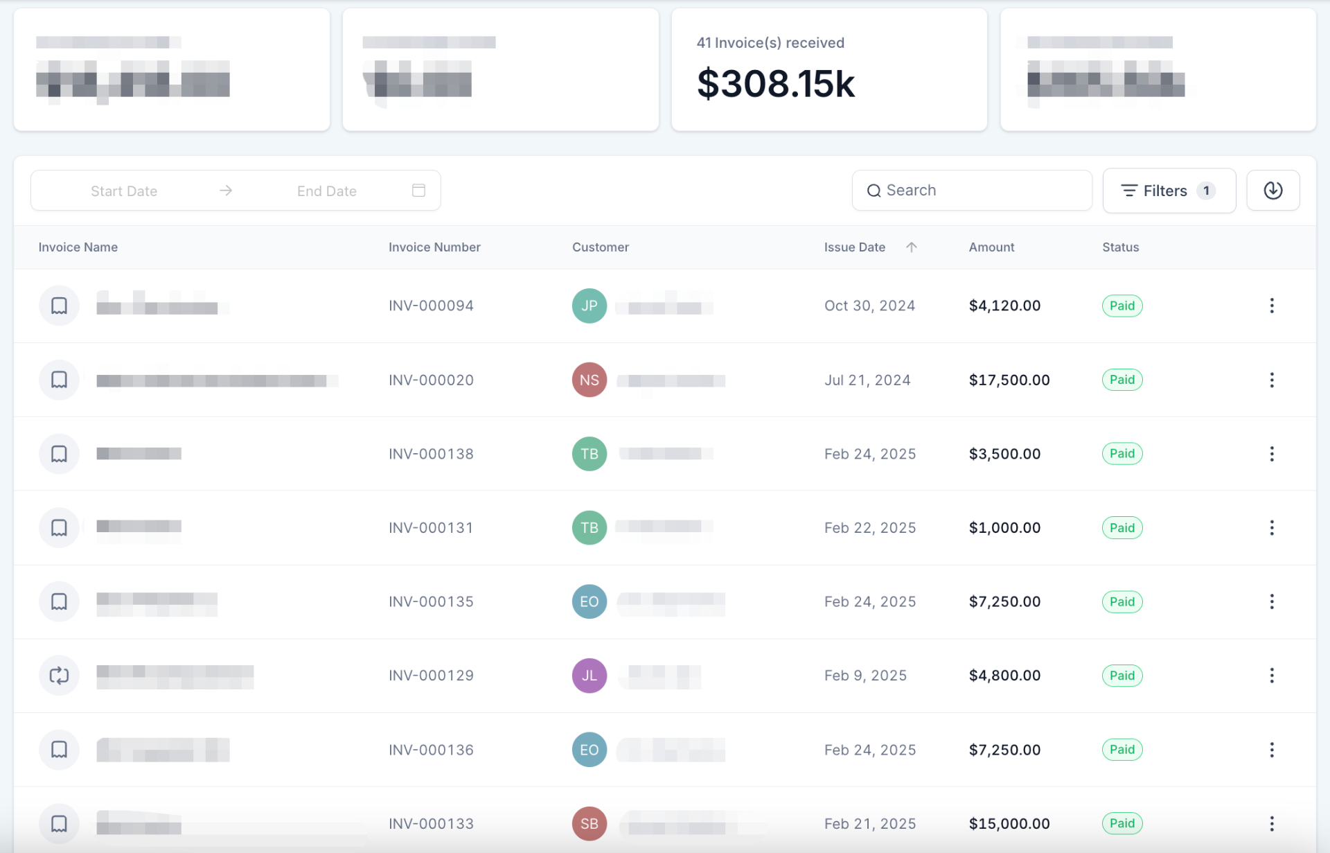Invoice dashboard showing 41 invoices received totaling $308.15k, all marked paid